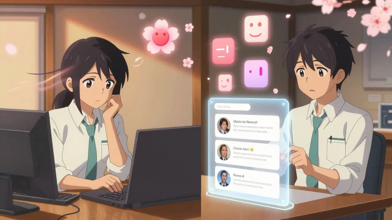 Deux scènes contrastées : une demande vague à gauche, trois exemples clairs à droite, avec des étiquettes de sentiment flottant comme des pétales.