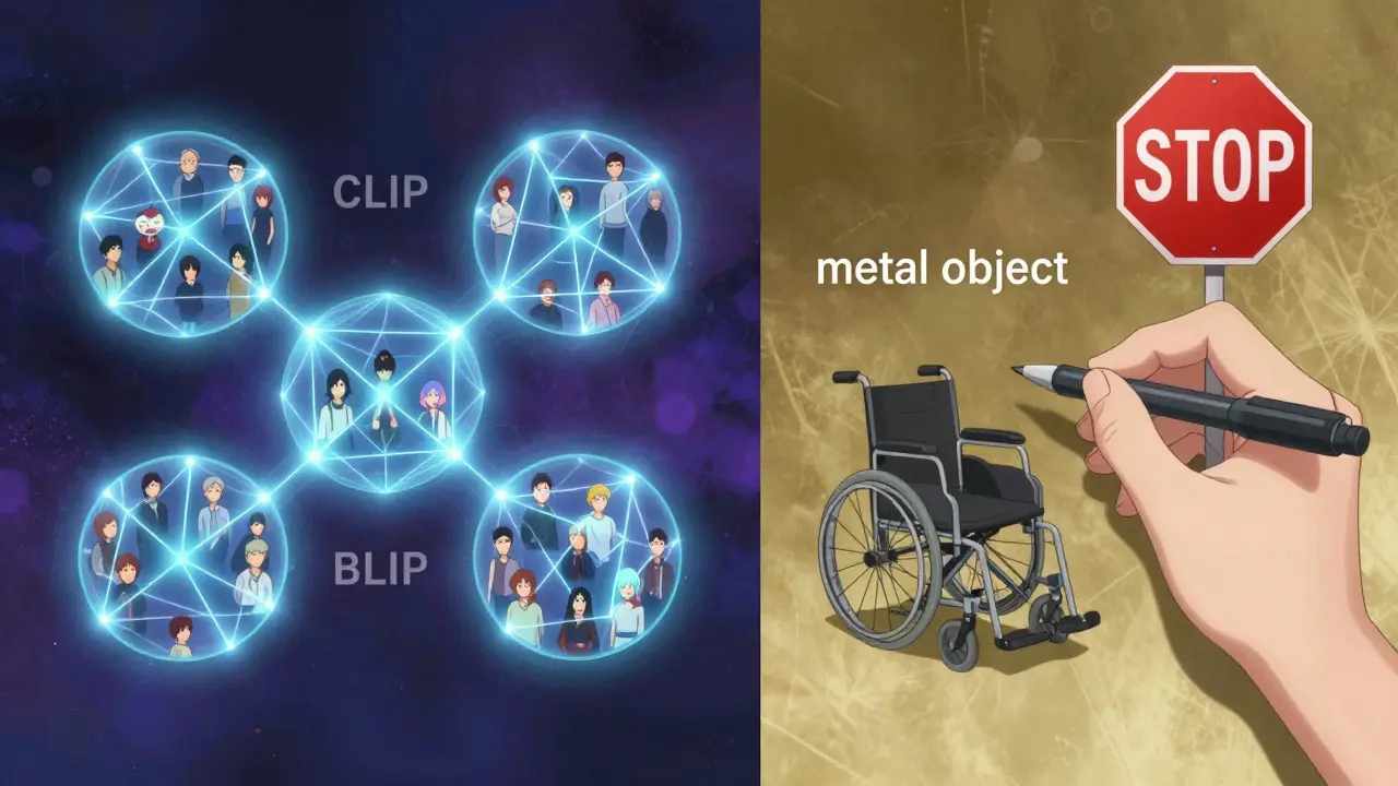 Deux systèmes d'IA comparés : CLIP et BLIP génèrent des descriptions inexactes d'un fauteuil roulant et d'un panneau d'arrêt, tandis qu'une main corrige l'erreur.