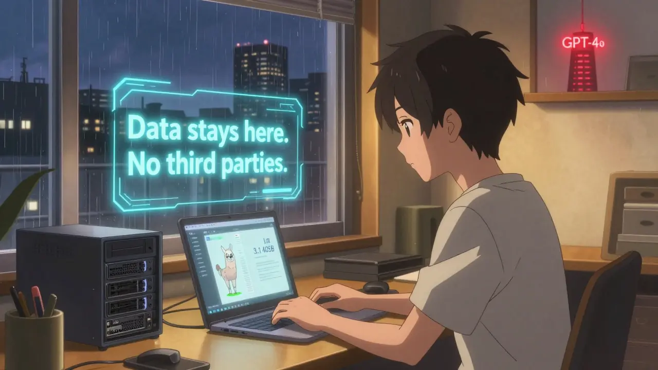 Développeur avec modèle open-source local, données sécurisées, lumière chaude, ciel crépusculaire.