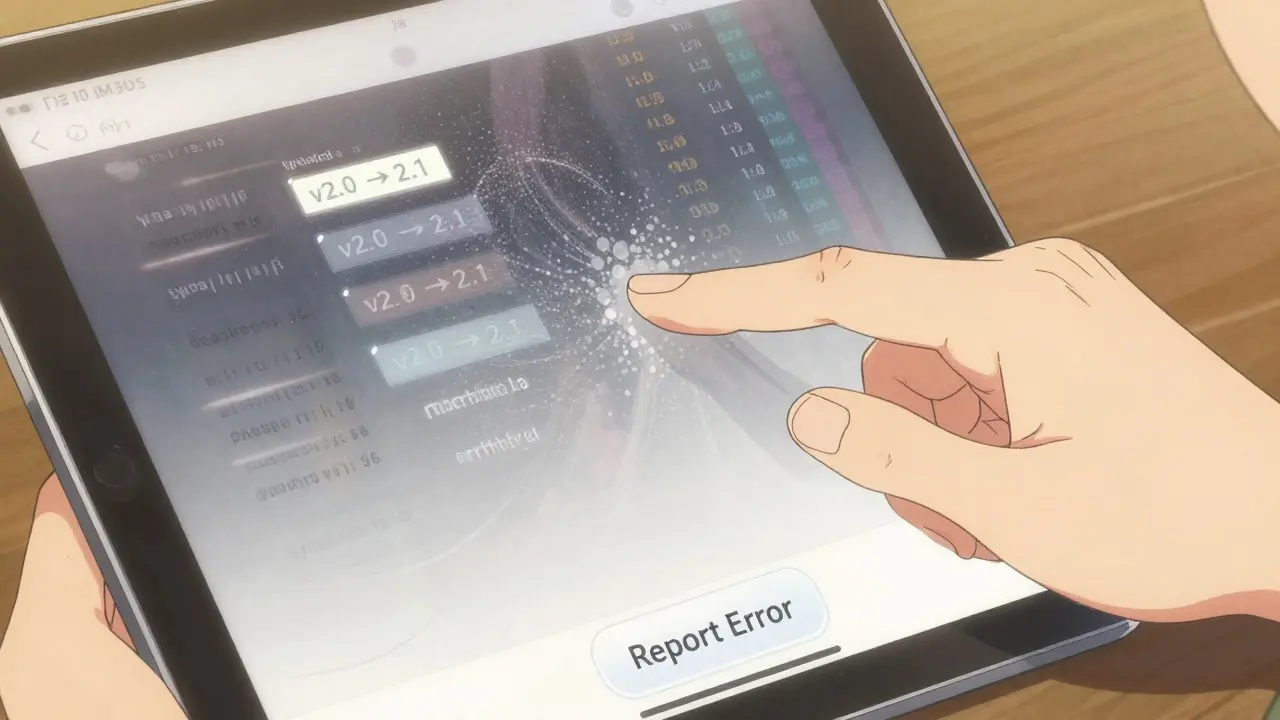 Main cliquant sur un bouton 'Signaler une erreur' avec des particules de données se transformant en réponses corrigées.