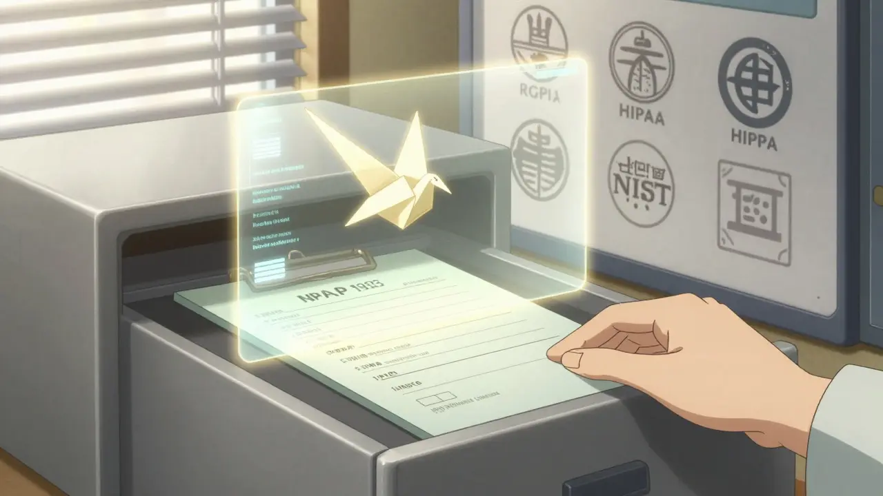 Main déposant un dossier médical dans un terminal sécurisé, où une IA filtre les informations personnelles en temps réel.