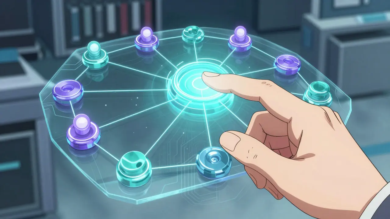 Représentation graphique d'une base de données API avec des nœuds connectés en 3D