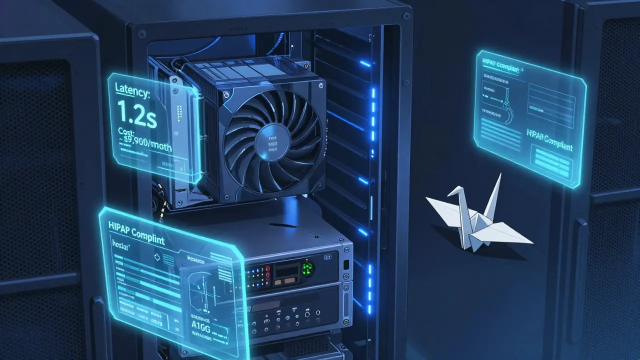 Salle de serveurs calme avec un GPU NVIDIA A10G et des métriques holographiques de coût et latence en bleu.