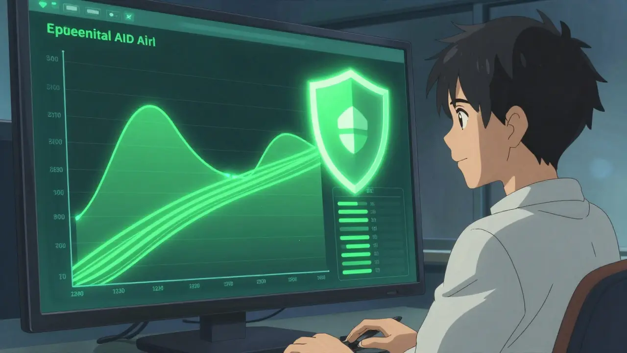 Tableau de bord sécurisé avec graphique de réussite et développeur calme