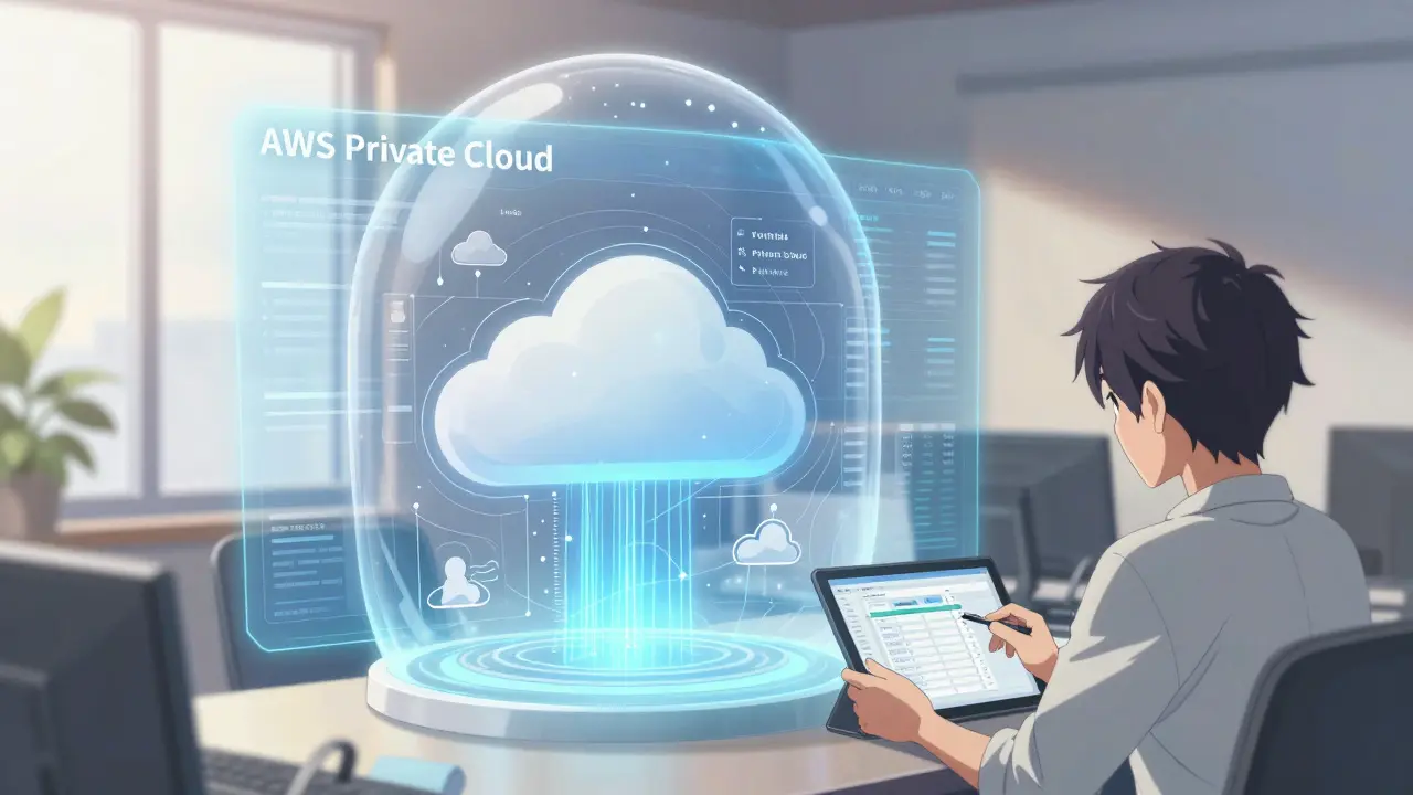 Tableau holographique de cloud privé isolé, flux de données sécurisés dans une coupole transparente.