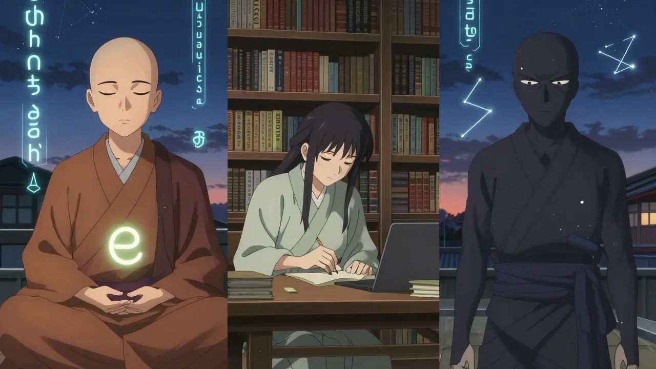 Trois esprits symbolisent les méthodes de tokenization : BPE, WordPiece et Unigram, dans une bibliothèque numérique animée.