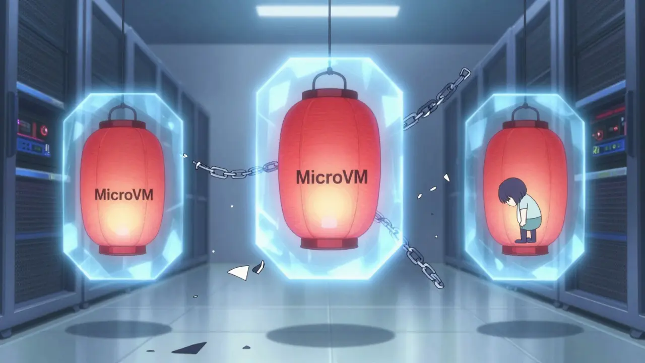 Trois MicroVMs lumineuses flottent dans une salle serveur paisible, bloquant des scripts malveillants avec des champs énergétiques.