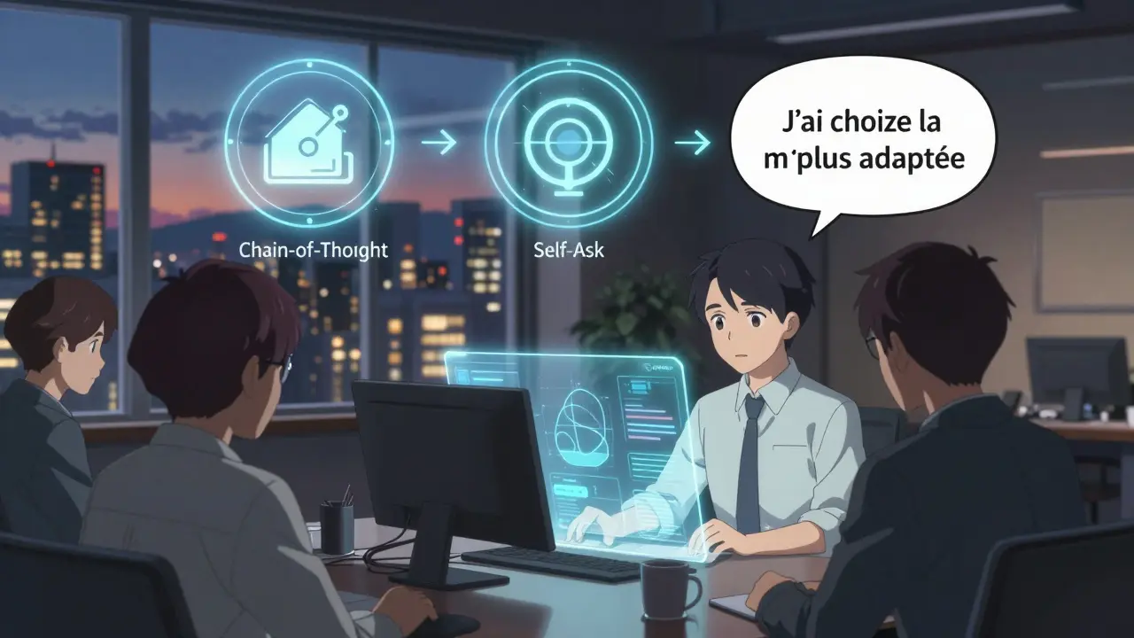 Un avatar IA explique son choix de méthode à des analystes, tandis que trois méthodes de raisonnement brillent en arrière-plan.