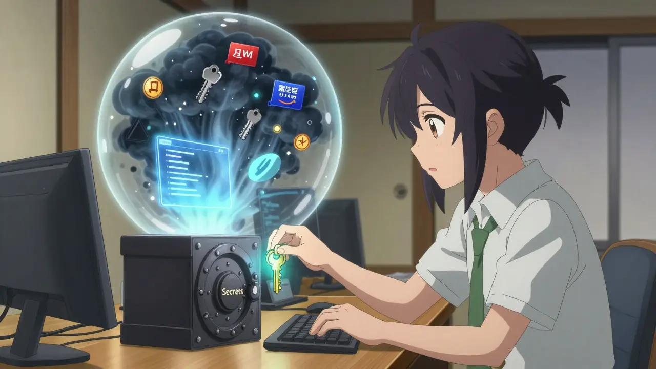 Un développeur place un jeton dans un coffre-fort tandis qu'une MicroVM isolée protège un agent IA, les secrets externes disparaissant en brouillard.