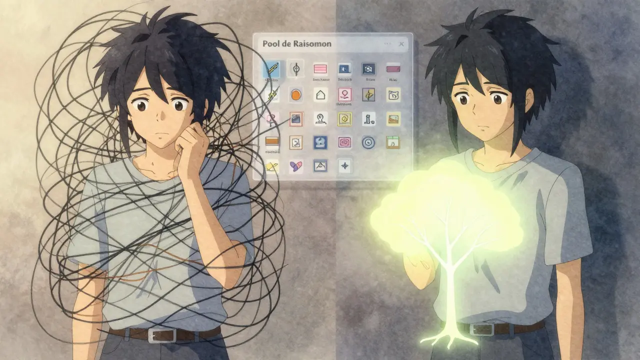 Un modèle d'IA passe du chaos à la clarté, avec une voie logique lumineuse qui se déploie comme un arbre.