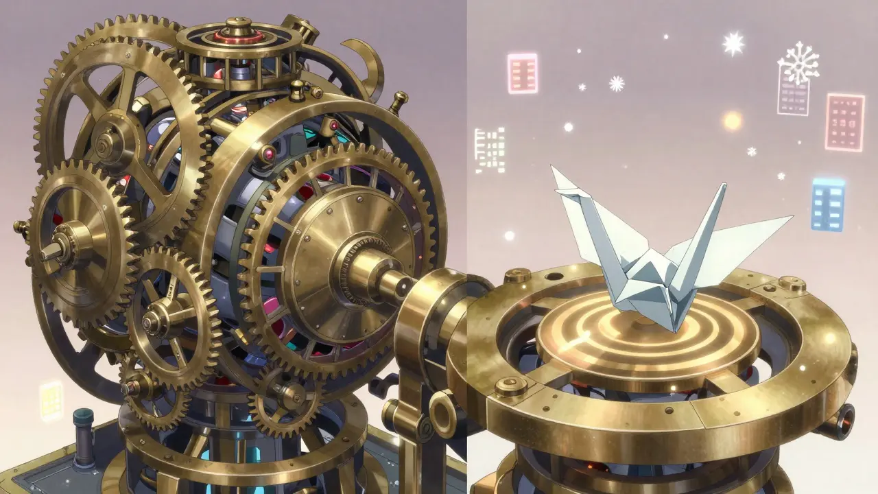 Un modèle géant de 65 milliards de paramètres est adapté par un petit dispositif en forme de grue en papier.