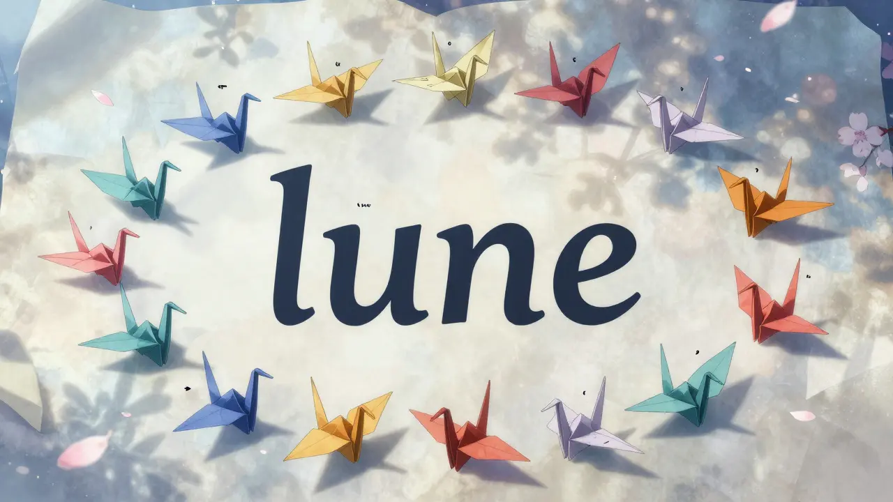 Un mot 'lune' au centre entouré de 32 grues en papier, chacune représentant une tête d'attention, dans un style anime doux.