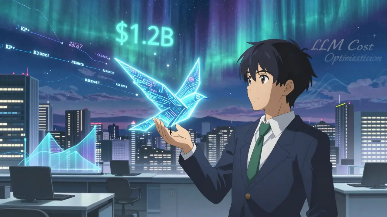 Un oiseau en papier fait de données s'élève vers un horizon où les coûts LLM deviennent une compétence stratégique.