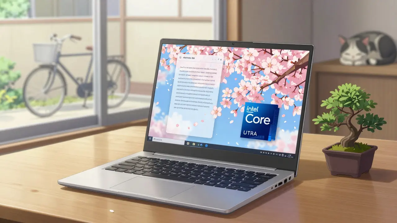 Un ordinateur portable Intel Core Ultra sur un bureau en bois, générant du texte comme des pétales de cerisier, dans un cadre paisible de Kyoto.