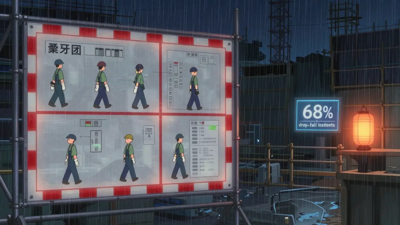 Un plan de sécurité animé guide les travailleurs sur un chantier sous la pluie, avec des zones de risque et des recommandations visuelles.