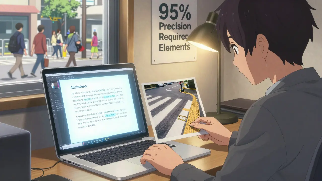 Un réviseur humain valide une description générée par IA pour un croisement sécurisé, dans un bureau calme avec des éléments d'accessibilité visibles.