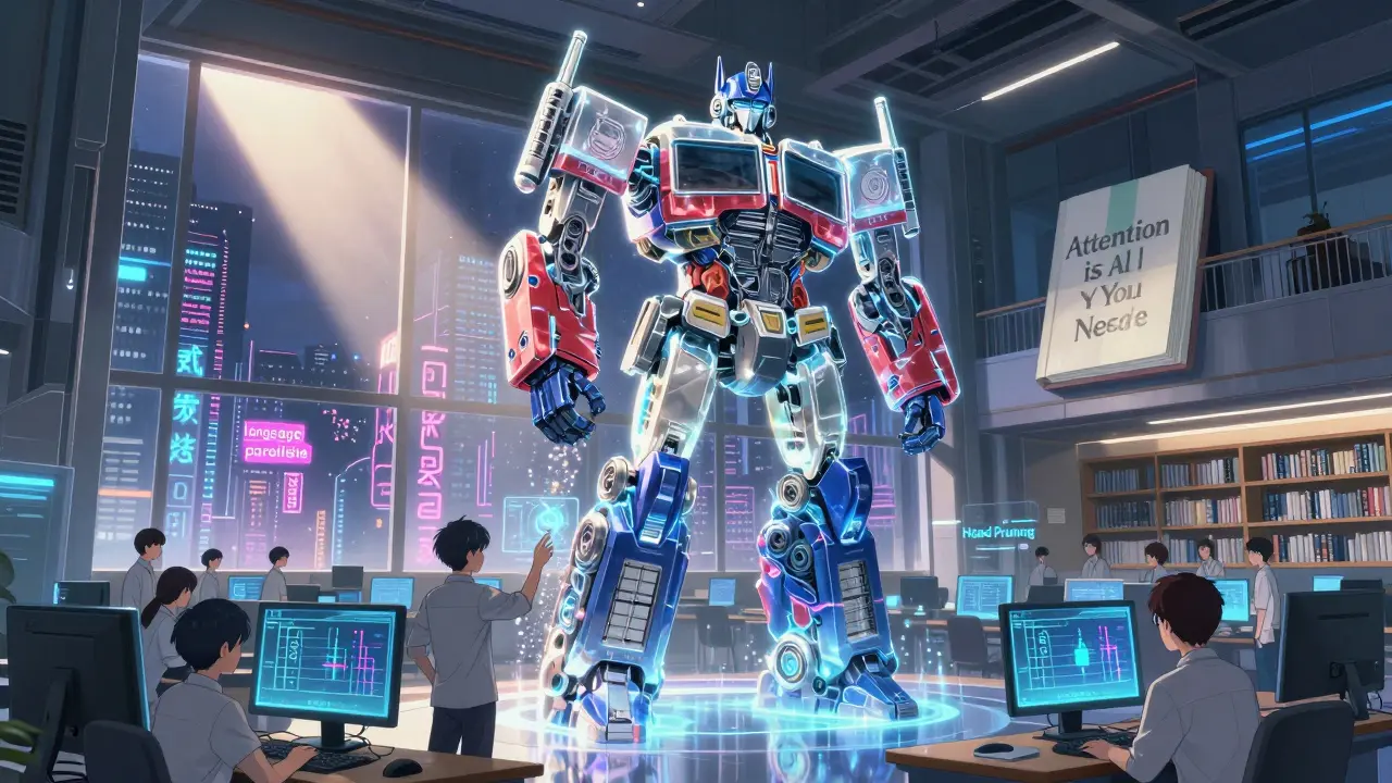 Une bibliothèque futuriste où des ingénieurs ajustent des têtes d'attention dans un modèle Transformer, avec des lumières douces et des éléments japonais.