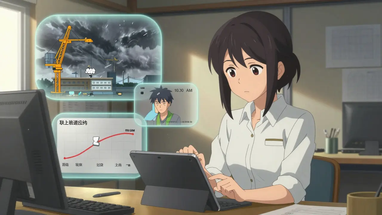 Une chef de projet examine des scénarios simulés par l'IA sur une tablette, entourée de bulles dynamiques de risques et d'optimisations.