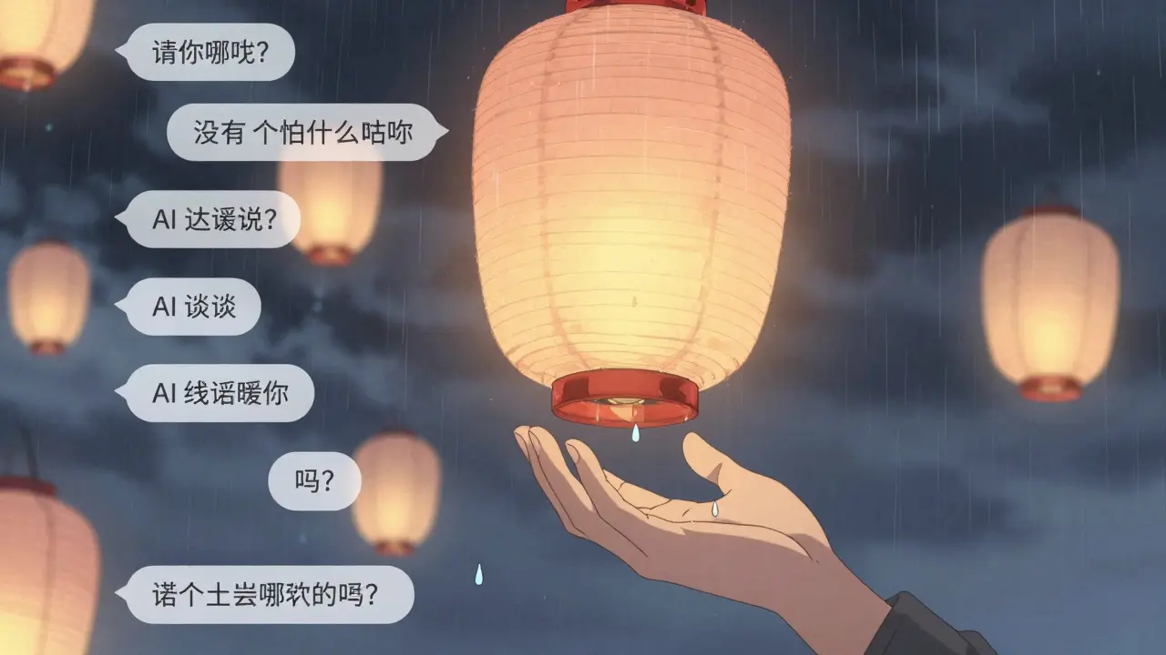 Une lanterne de papier contient des fragments d'une conversation multilingue, déchirée par la pluie des mots perdus, retenue par une main bienveillante.