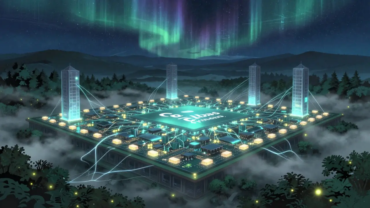 Une puce Cerebras géante comme un paysage de papier plié, brillant comme des lucioles dans une forêt de nuit, dans un style anime doux et poétique.