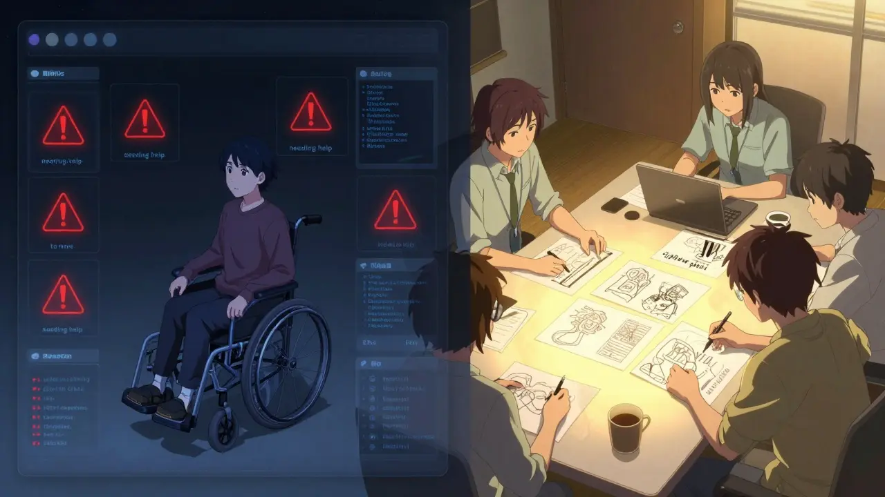 À gauche, une IA stéréotypée ; à droite, une équipe diverse conçoit une IA inclusive, dans un style anime émotionnel et détaillé.