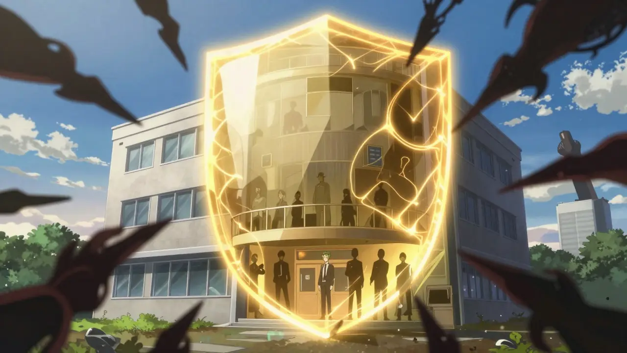 Bouclier énergie protège bâtiment numérique contre virus et failles sécurité sombres visuellement.