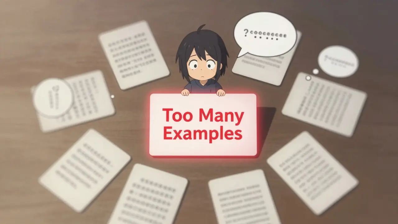Des exemples trop nombreux désorientent une entité IA, certains floutés, un étiqueté 'Trop d'exemples' en rouge.