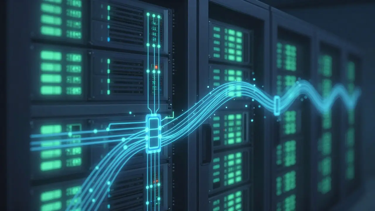 Des nœuds de données connectés par la lumière montrent la surveillance automatisée d'un système.