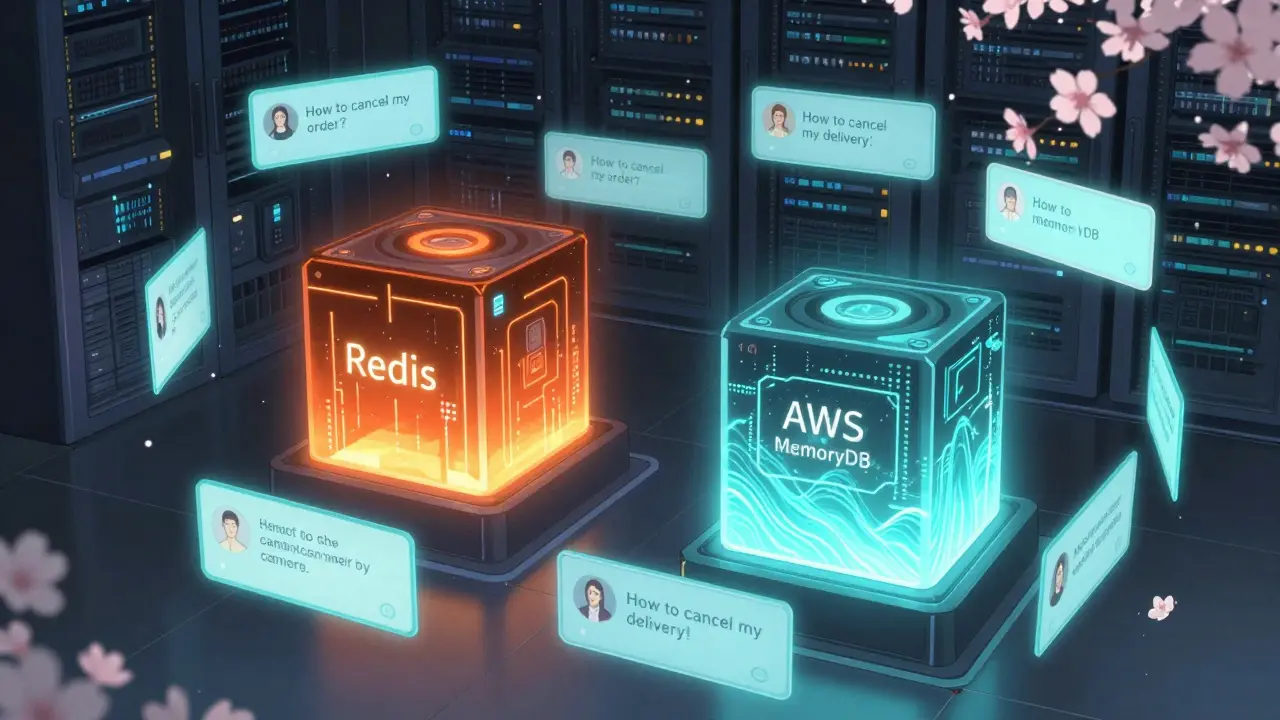Deux cœurs de données lumineux représentant Redis et AWS MemoryDB, entourés d'empreintes sémantiques qui se transforment entre questions similaires.