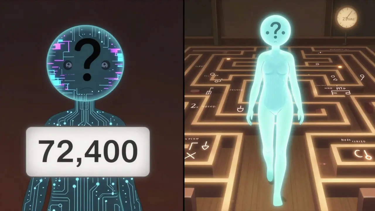 Deux côtés d'une même IA : l'un avec une réponse directe, l'autre avec un raisonnement en chaîne visible sous forme de chemins lumineux.