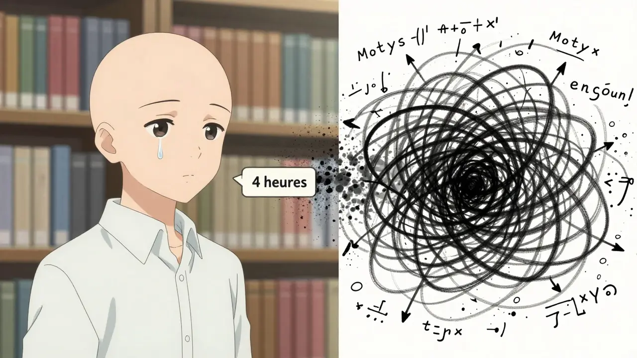 Deux scènes contrastées : une réponse simple d'un modèle et une boucle complexe de raisonnement en spirale.