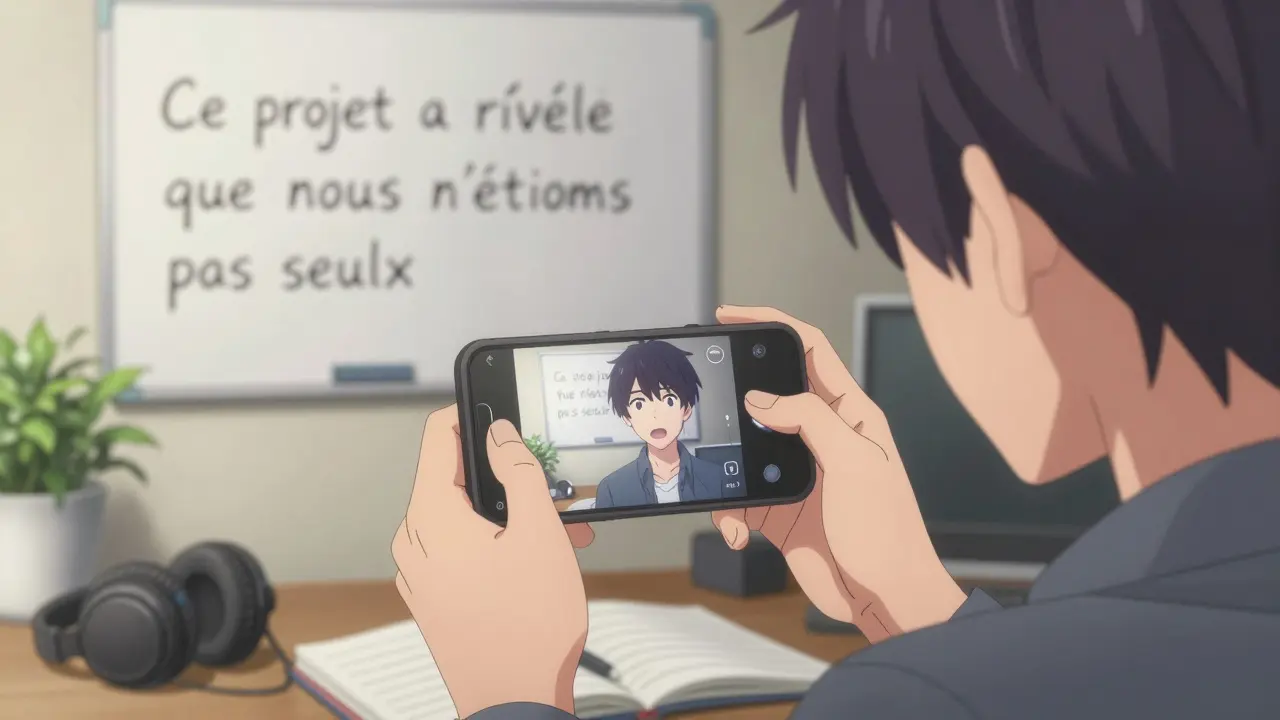 Développeur en train d'enregistrer une vidéo sincère, visage éclairé par l'écran, bureau en désordre, tableau blanc avec une phrase émouvante.