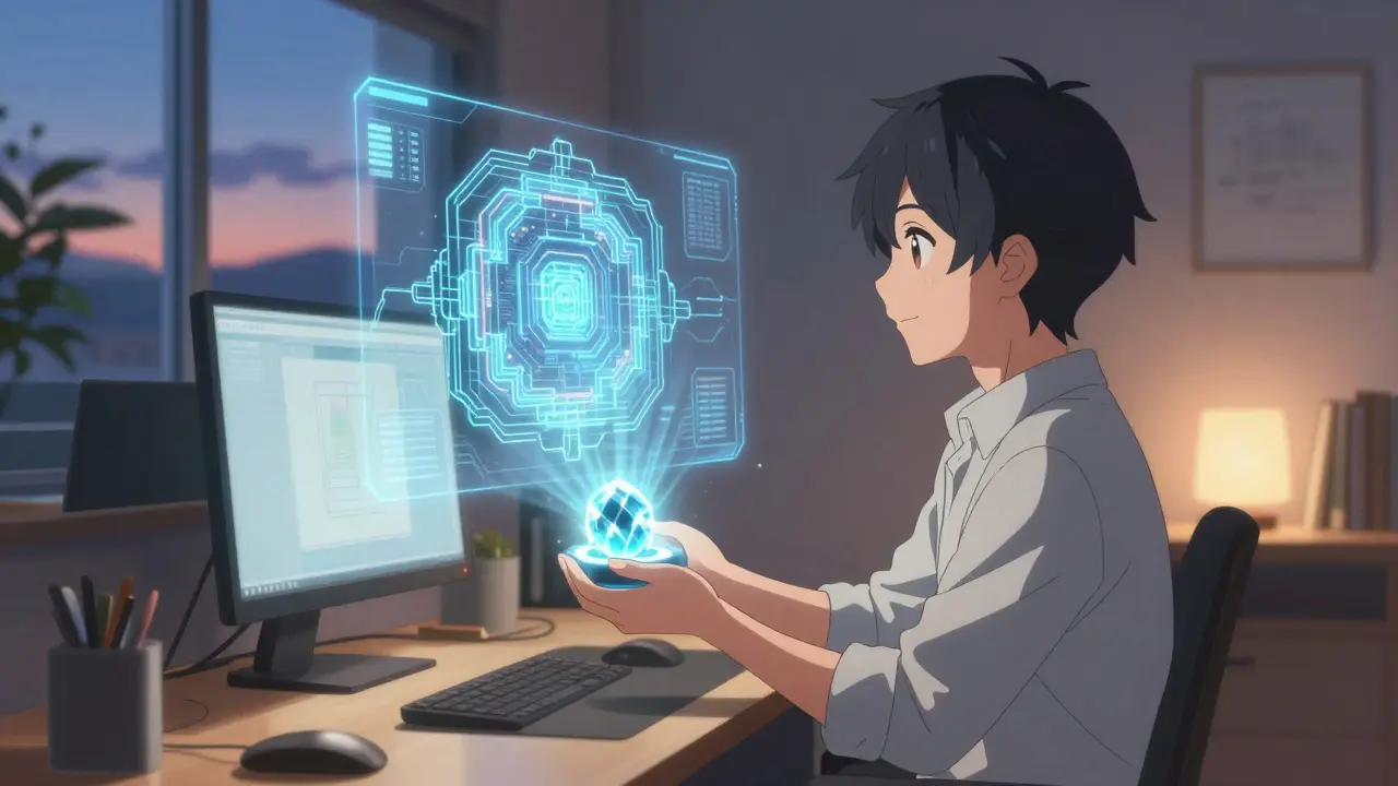 Développeur tenant un cœur de données émettant un hologramme.