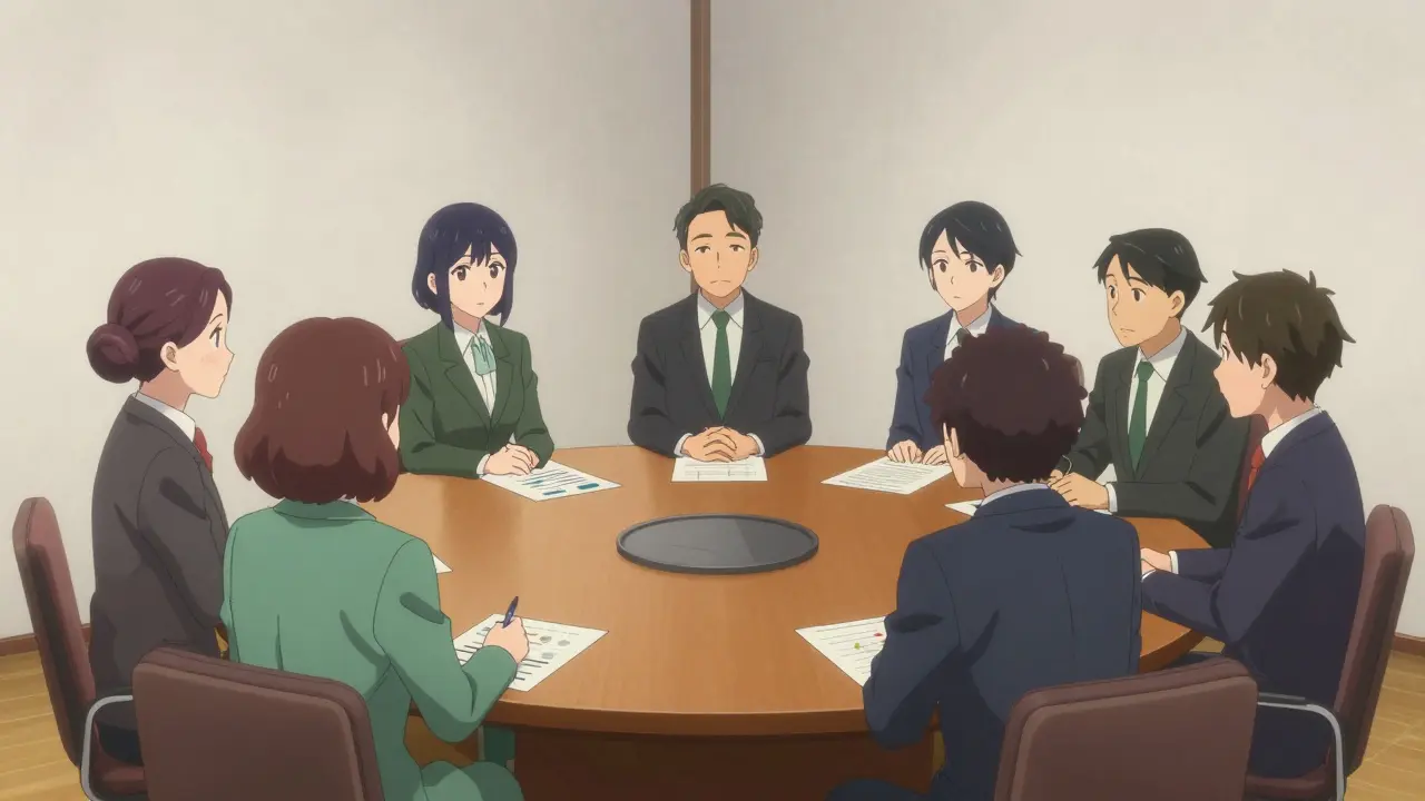 Équipe collaborant sur la gouvernance autour d'une table avec des schémas abstraits.