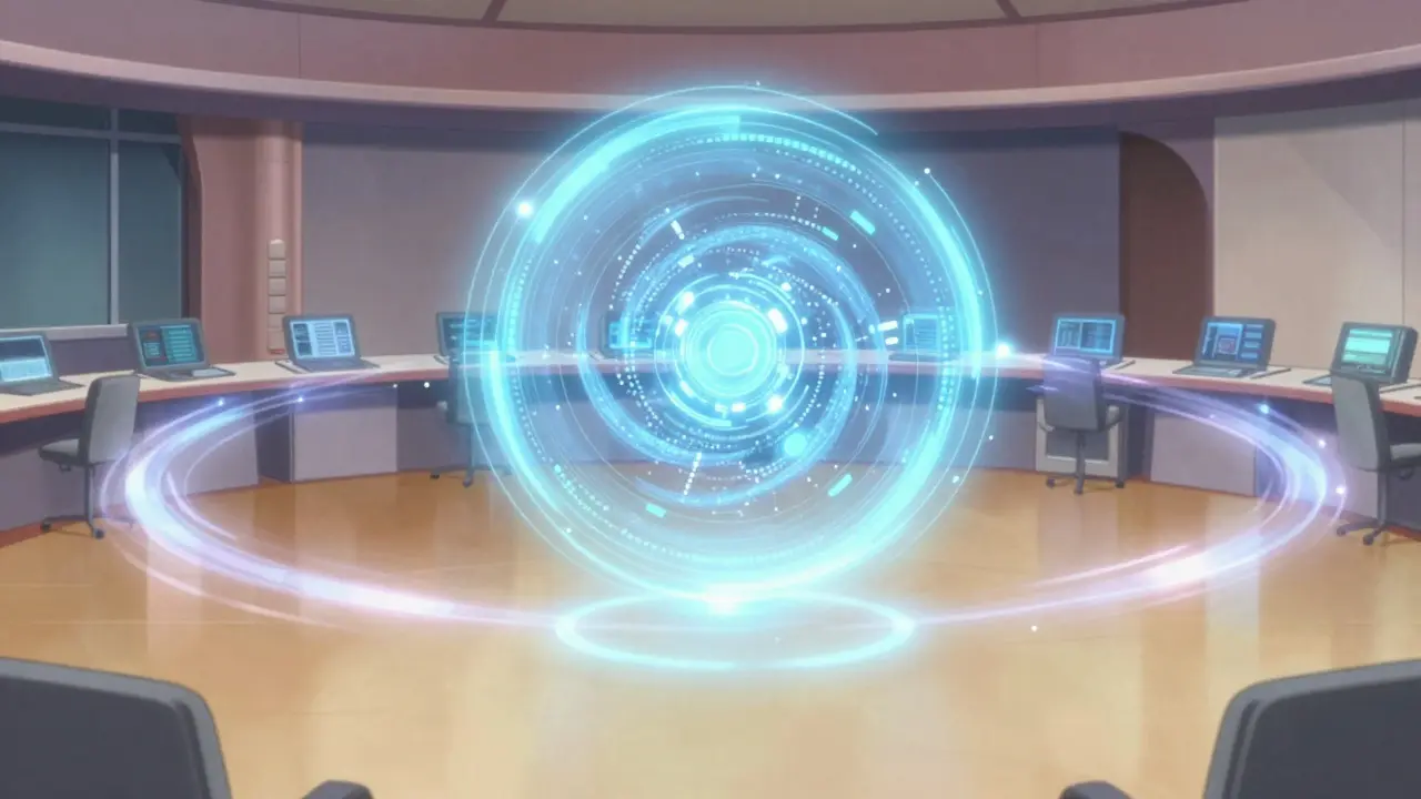 Flux de données protégés par une barrière énergétique transparente représentant la sécurité informatique.