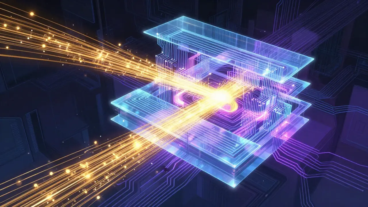 Flux de données se compressant à travers des couches neuronales.