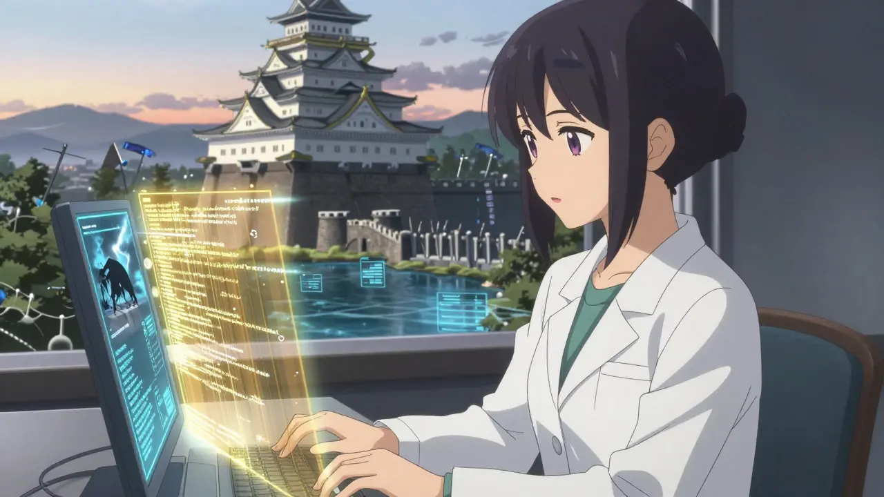 Ingénieure analysant des menaces d'IA via une interface holographique, des barrières dorées filtrent les attaques.