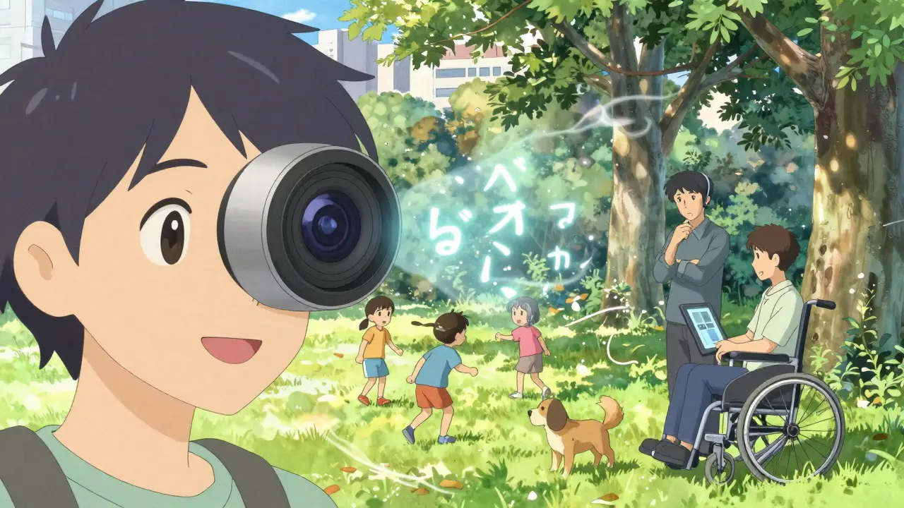 L'IA Seeing AI décrit une scène de parc à une personne aveugle, avec des caractères lumineux flottant dans l'air, sous un ciel printanier.