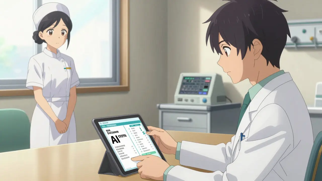 Médecin étudiant un diagnostic IA affichant des niveaux de confiance variables