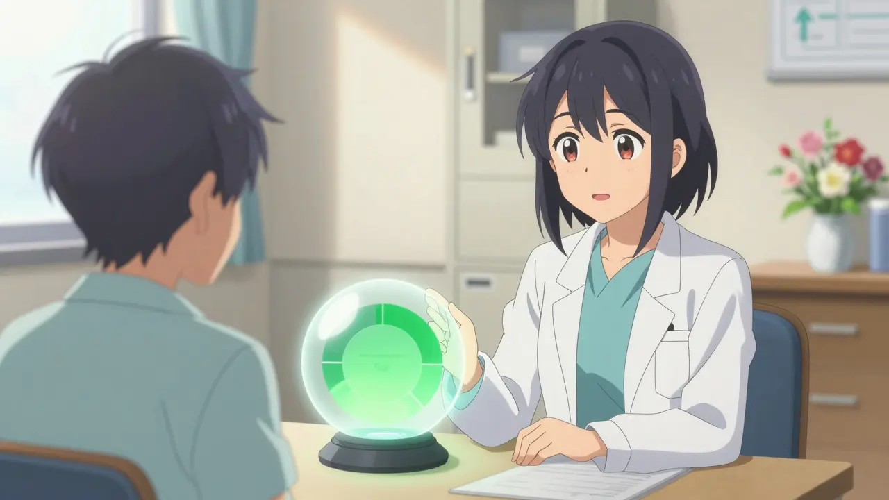 Médecin vérifiant des informations sur une interface apaisante et fluide.