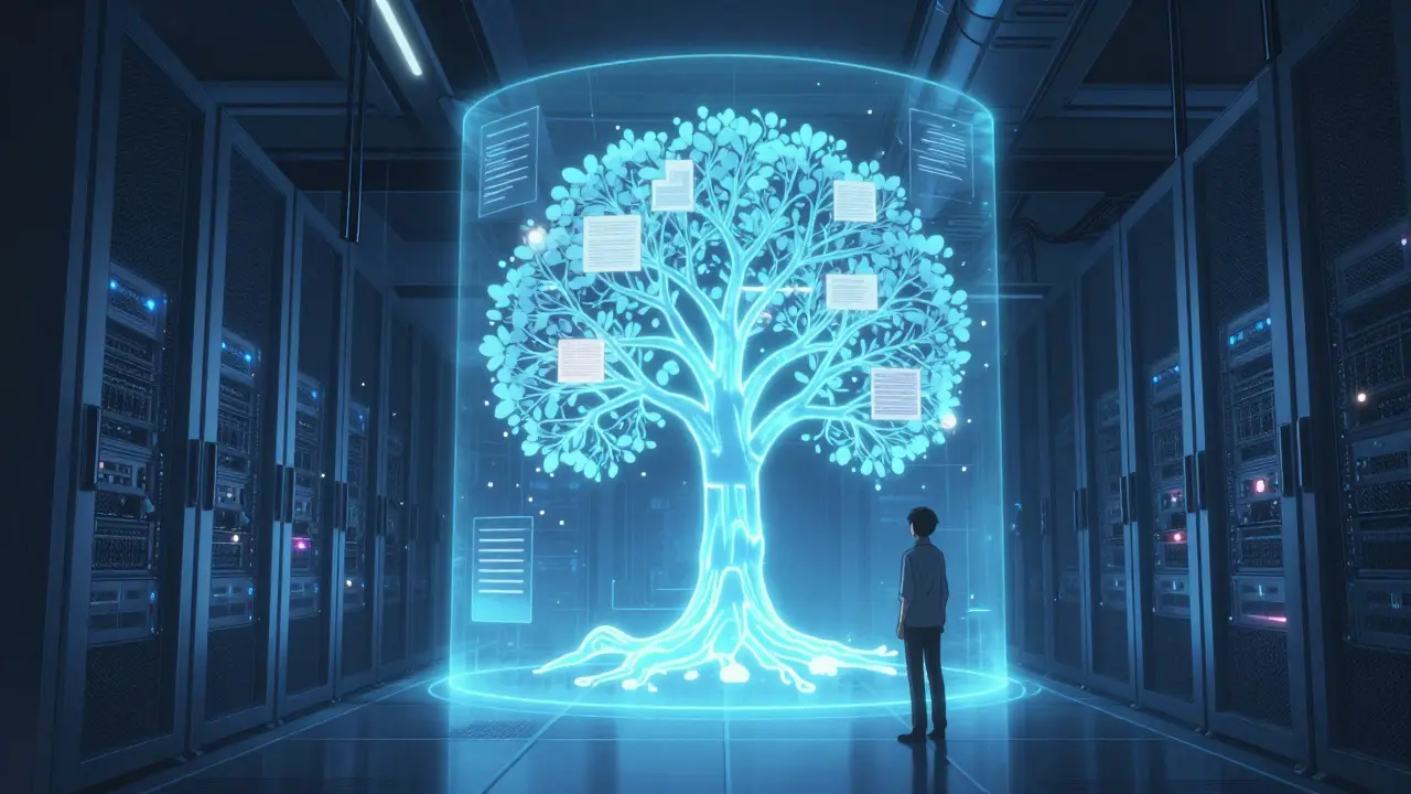 Salle serveur futuriste montrant une arborescence de données vivante en projection.