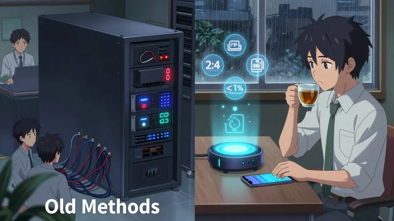 Scène comparant un serveur surchauffé à un appareil léger et efficace, avec des icônes de compression avancée en arrière-plan.