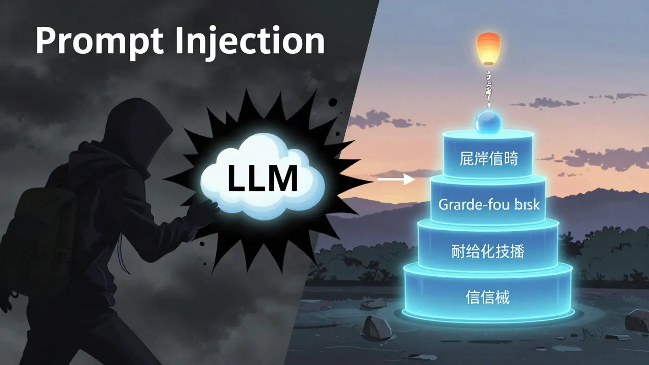 Scène divisée : attaque malveillante bloquée par un système de garde-fou qui anonymise et enregistre les décisions.