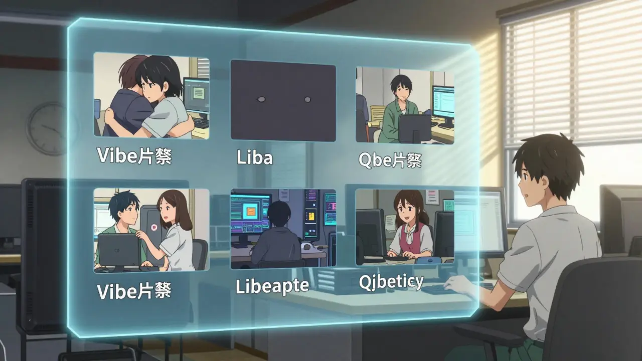 Tableau de bord holographique flottant au-dessus d'une équipe, montrant de petites scènes authentiques de moments humains au travail.