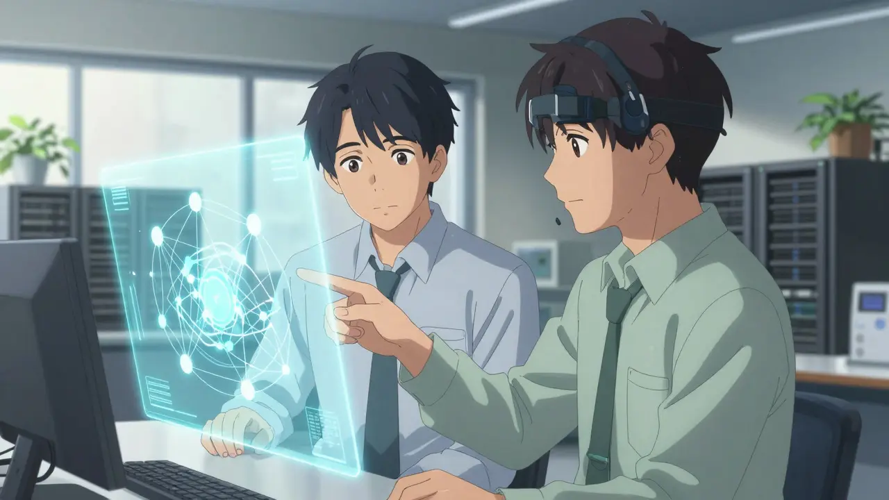 Techniciens examinant une interface holographique complexe dans un centre de recherche moderne.