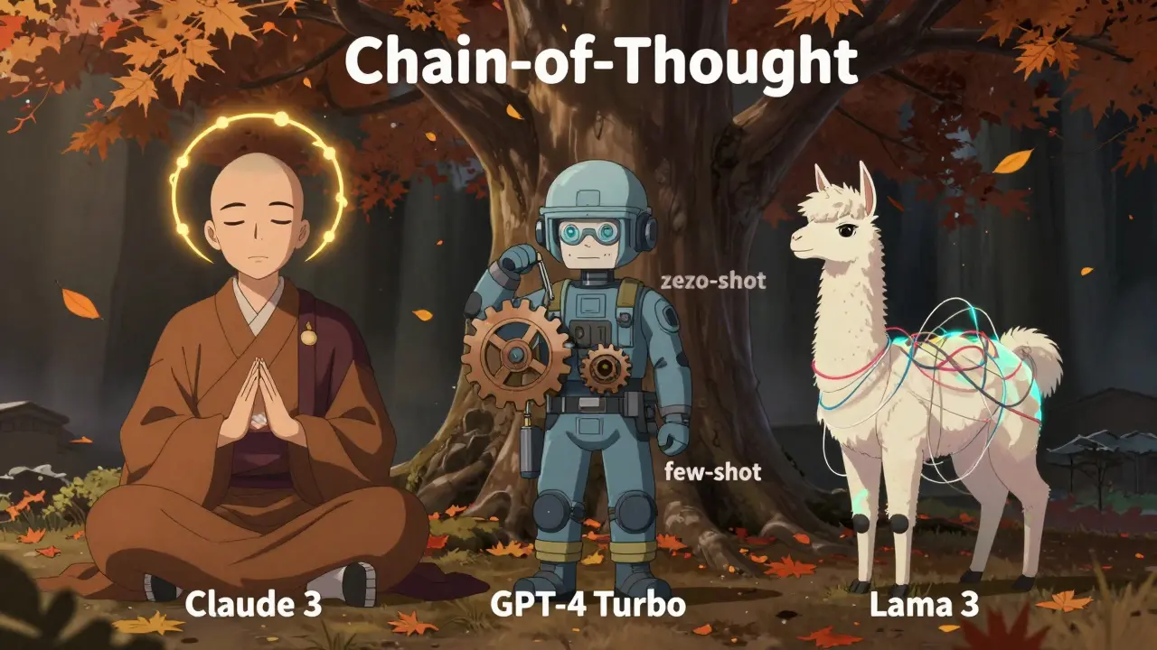 Trois modèles d'IA stylisés comme des personnages : Claude 3, GPT-4 Turbo et Llama 3, sous un arbre symbolisant le raisonnement en chaîne.