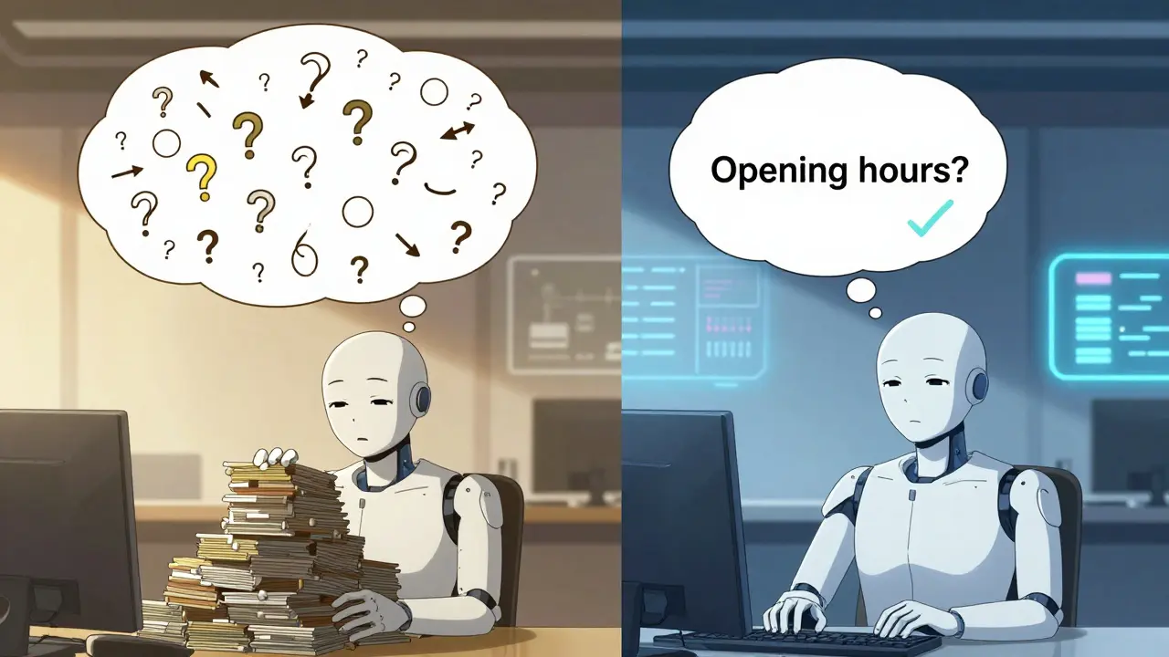 Un agent d'IA optimisé à gauche, avec un raisonnement minimal, comparé à un agent gaspillant des tokens à droite, dans un décor corporate stylisé.