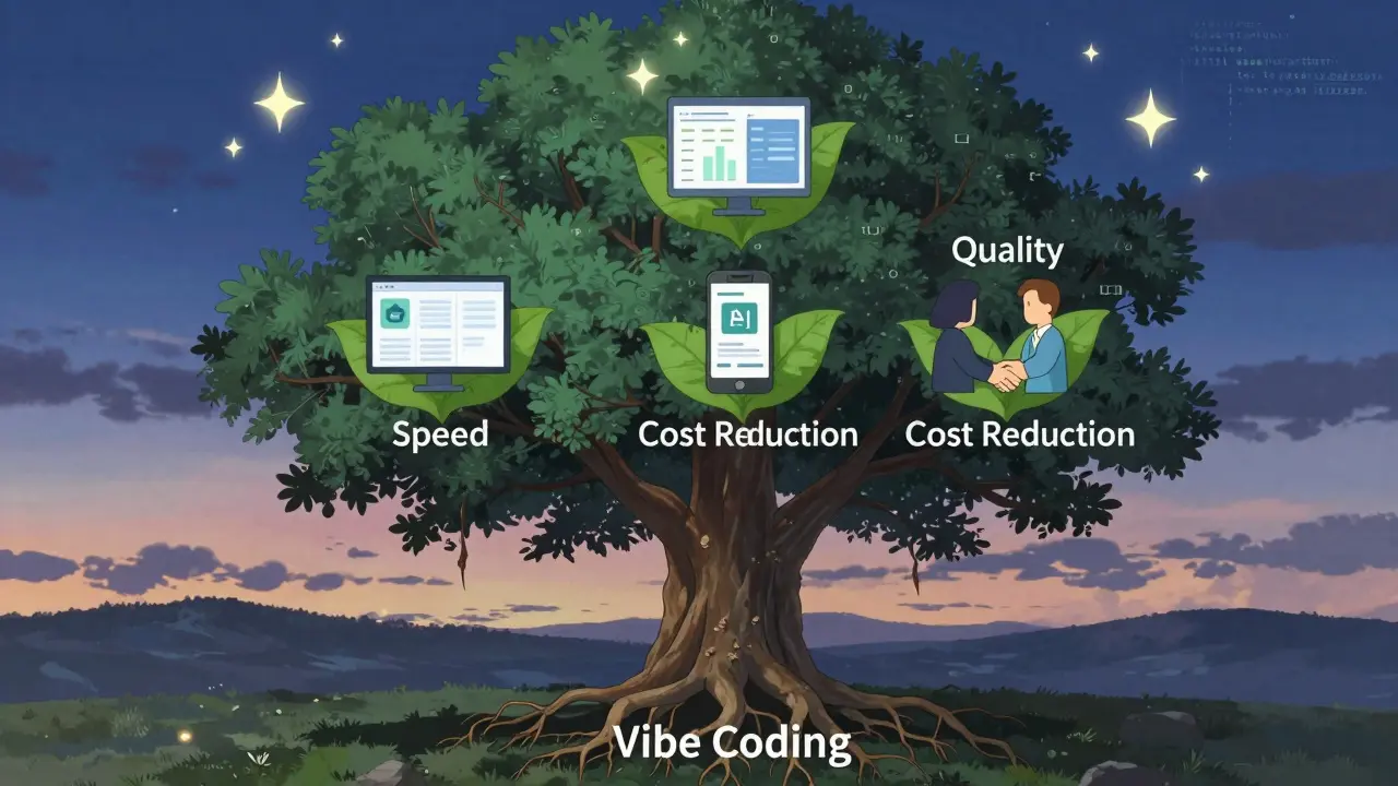 Un arbre symbolique représente les bénéfices du vibe coding, avec des feuilles montrant des applications et une main humaine serrant une main IA.