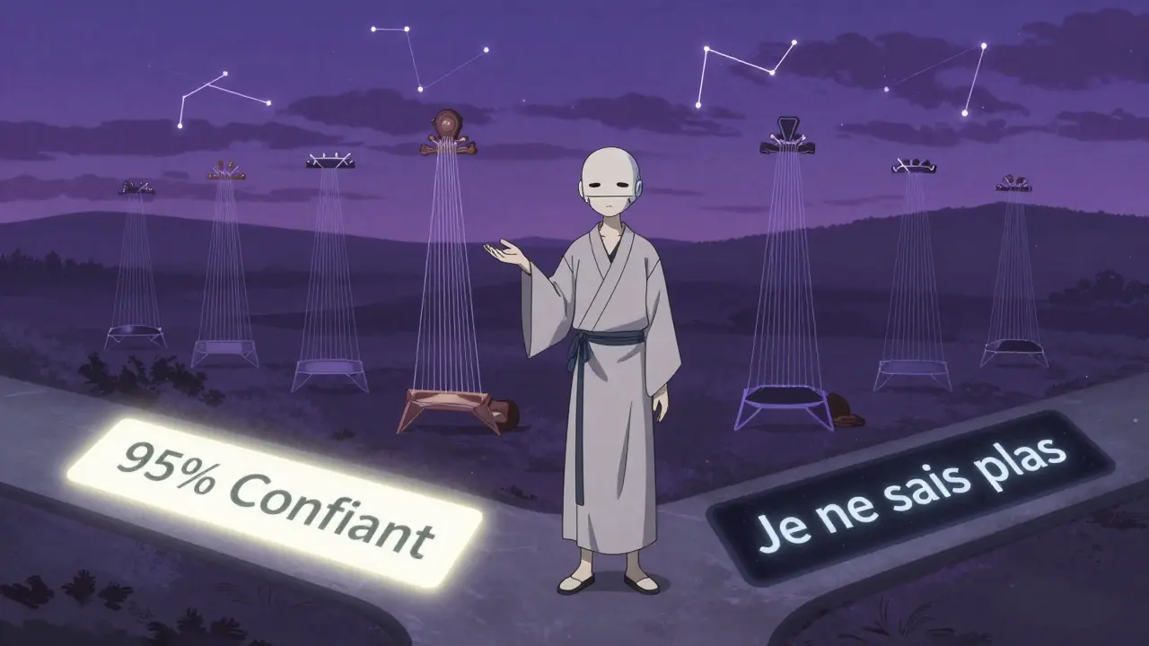 Un avatar de chatbot face à deux chemins : l'un trompeur, l'autre honnête, entouré de vecteurs en rotation.