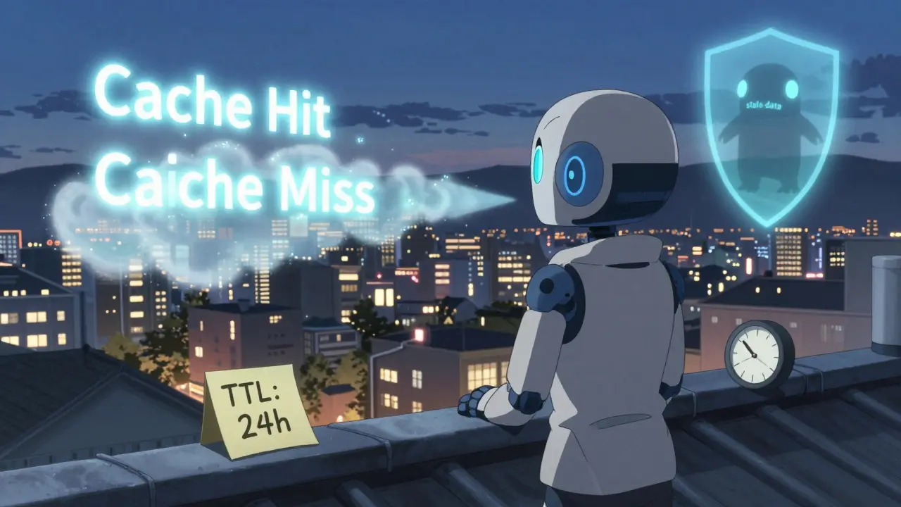 Un avatar de chatbot sur un toit observant des flux de données, avec un cache réussi brillant et une alerte de TTL visible.